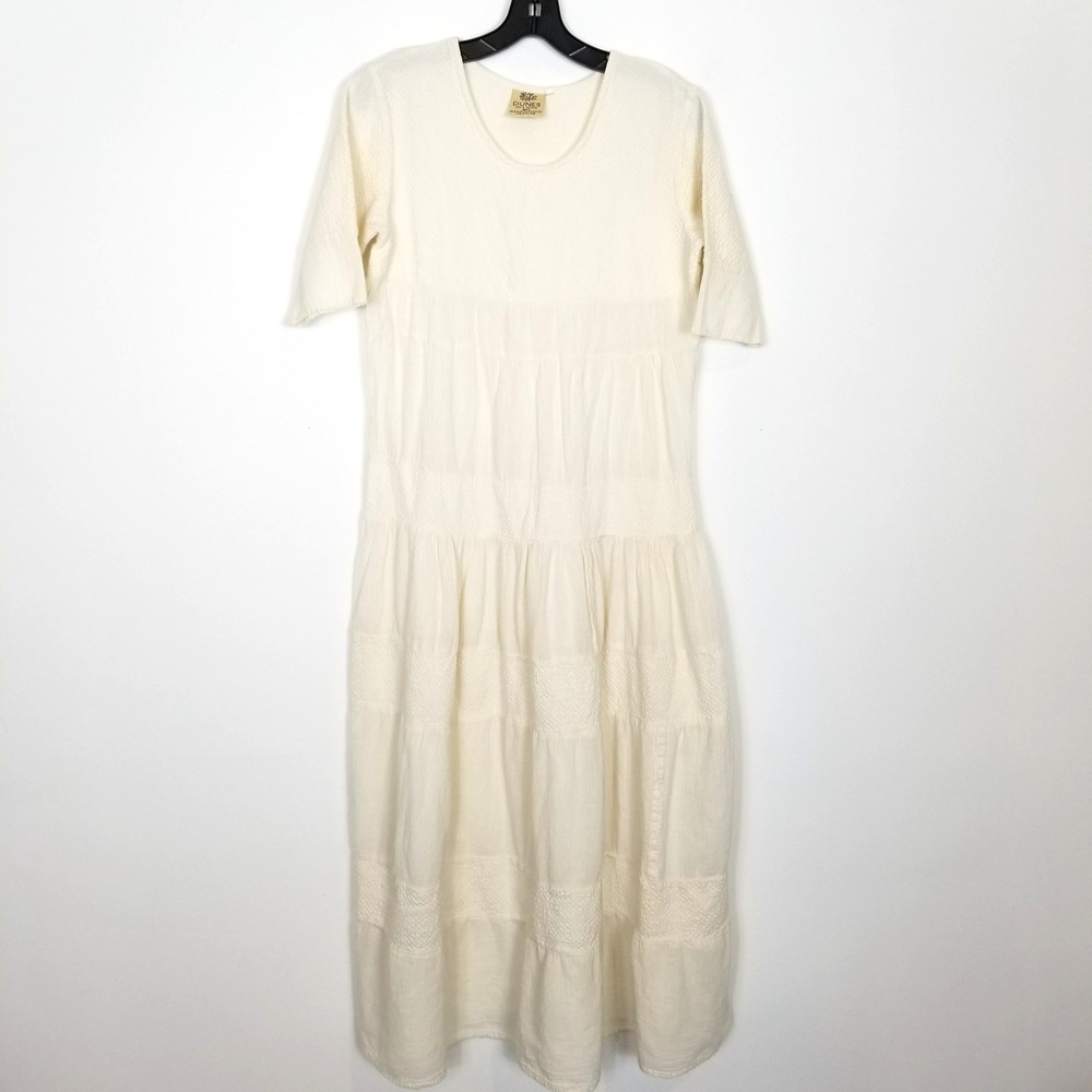Dunes Art & Design‎ Tiered Midi Dress Sz S Ivory Short Sleeve Summer Cottagecore